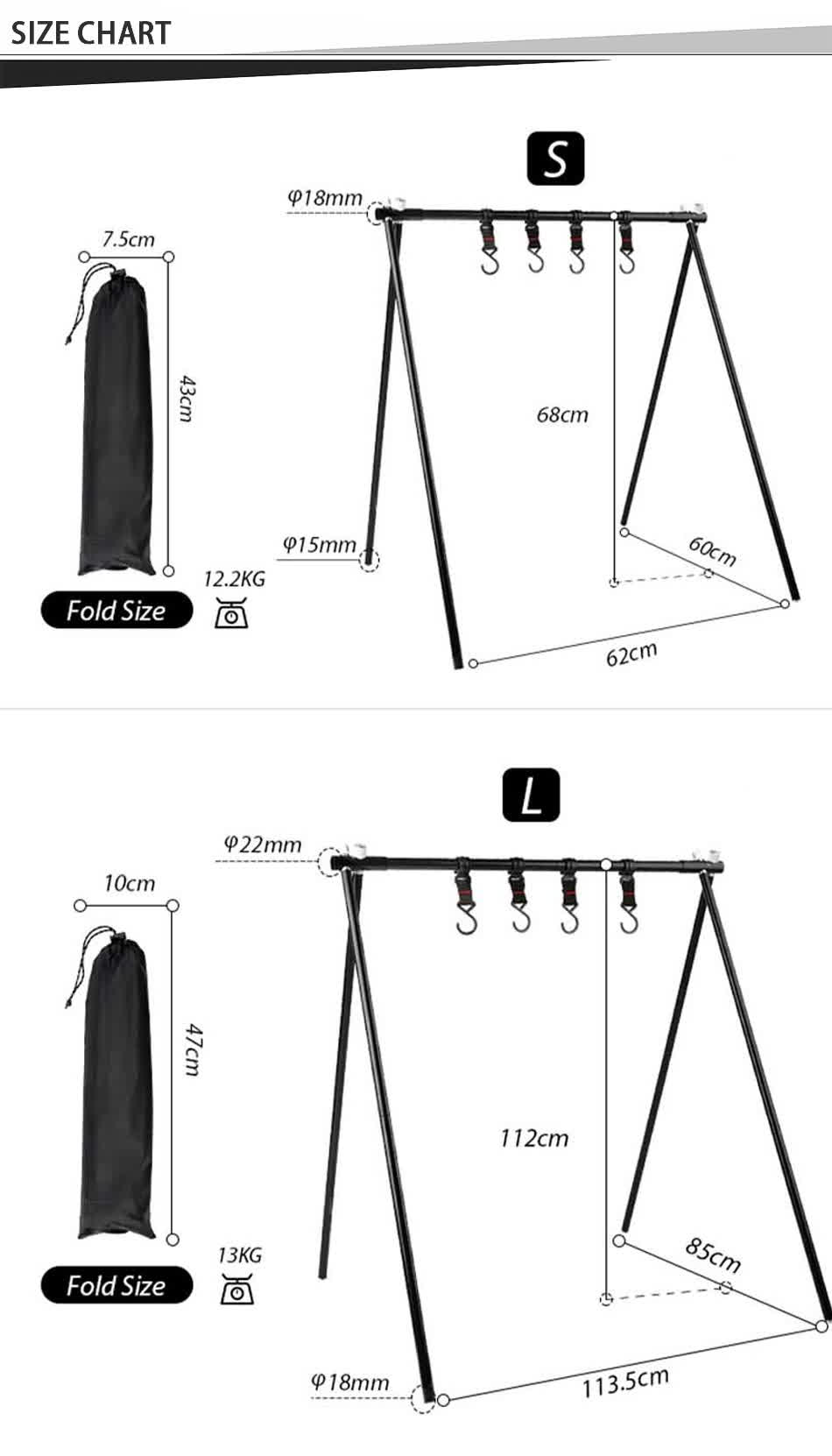 Taille des supports suspendus de camping pliants