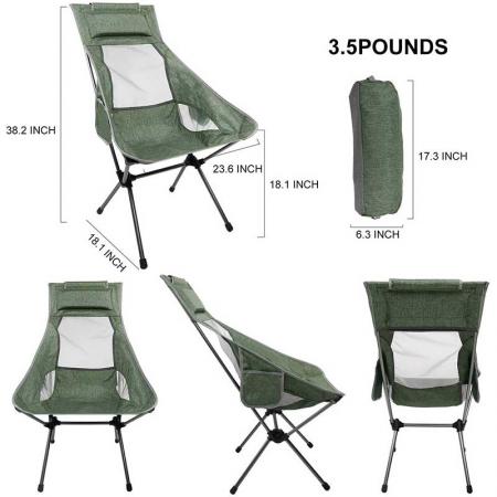 Chaise de randonnée de camping à dossier haut , Capacité de 330 lb , Chaise pliante légère et compacte pour la randonnée, les voyages, le pique-nique à la plage 