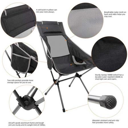 chaise de camping ultralégère à dossier haut, chaises pliantes légères avec appui-tête, portable compact pour le camping en plein air, randonnée, pique-nique 