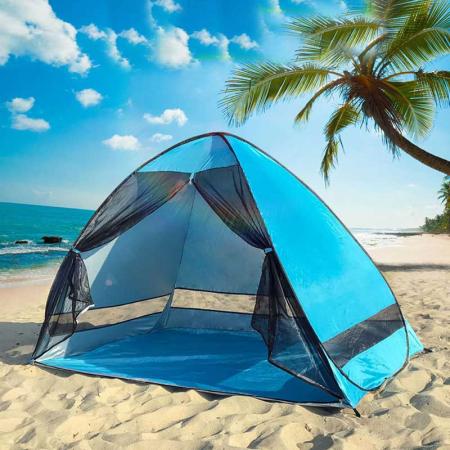 Installation facile tente de plage anti-uv abri d'ombrage de plage auvent de plage tente pare-soleil avec 3 fenêtres en maille pour 2-3 personnes 