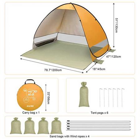 la tente de plage pop-up portable comprend un sac de transport et des piquets de tente
 