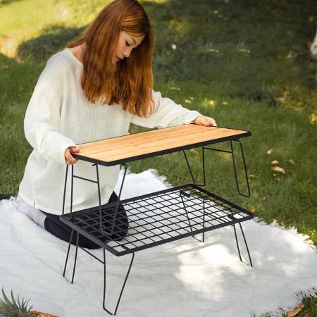 Table pliante extérieure en maille de fer pour barbecue, camping, table de pique-nique auto-conduite, égouttoir avec une planche en bambou 