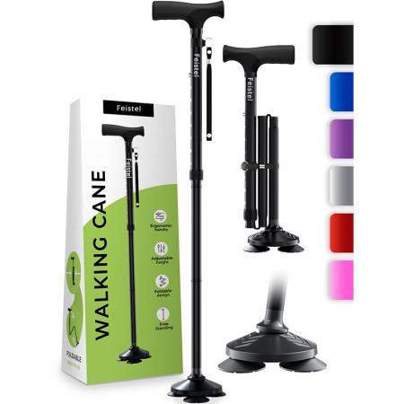 Canne de marche pliable pour personnes âgées, avec poignées en T, stable et antidérapante, idéale pour la randonnée et la marche. 