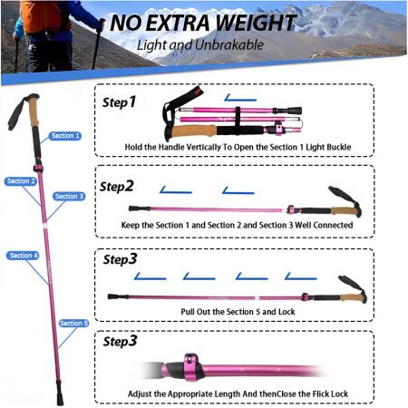 Bâtons de marche, de randonnée et de trekking pliables en aluminium aéronautique 7075, 5 sections 