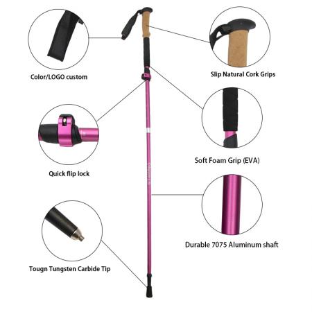 Bâtons de marche, de randonnée et de trekking pliables en aluminium aéronautique 7075, 5 sections 