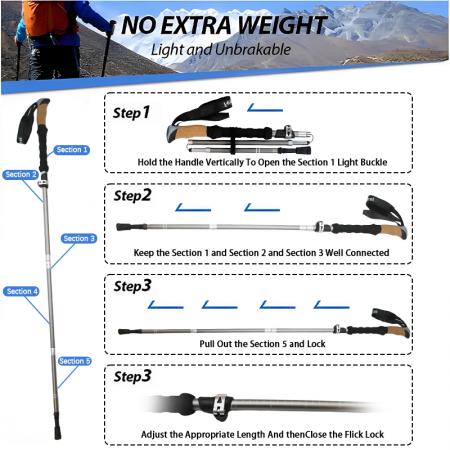 Bâtons de randonnée pliables en aluminium aéronautique 7075, 5 sections, avec dragonne et poignée en liège (option OEM). 
