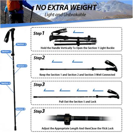Bâton de randonnée pliable ultraléger en alliage d'aluminium 6061, 5 sections, poignée EVA, moderne et réglable. 
