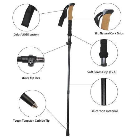 Bâton de randonnée pliable en alliage d'aluminium avec poignées en liège, réglable, avec embout en caoutchouc. 