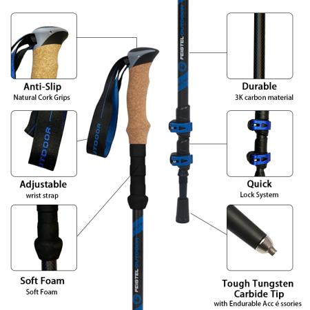 Lot de 2 bâtons de randonnée portables avec poignée en liège EVA pour l'escalade en extérieur 