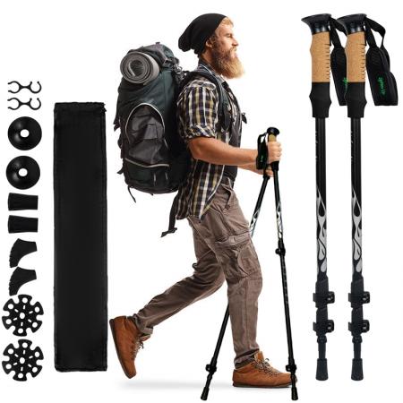 Vente directe d'usine de bâtons de randonnée télescopiques en alliage d'aluminium haute résistance, adaptés à l'alpinisme et à la randonnée. 