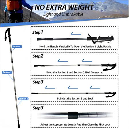 Bâtons de marche télescopiques d'extérieur en alliage d'aluminium avec poignée en caoutchouc, légers et à verrouillage interne