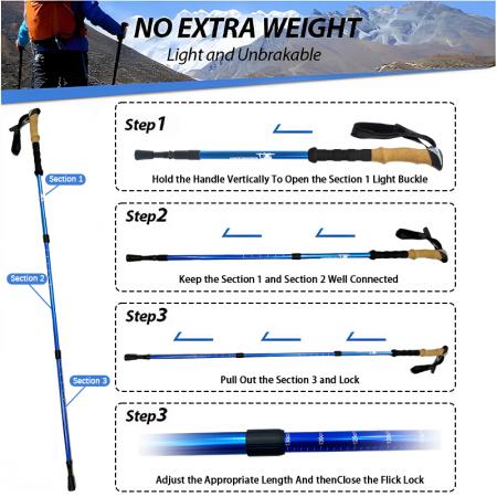 Bâton de randonnée télescopique en trois sections en alliage d'aluminium duralumin 6061 pour l'extérieur 