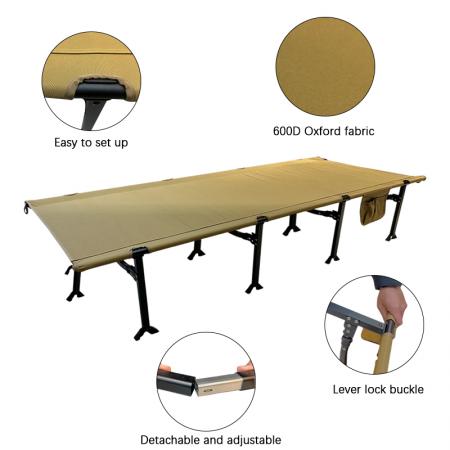 Lit de camp pliable sur mesure, portable, en aluminium, pour adultes, avec poches latérales 