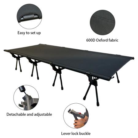 Lit de camp pliant portable ultraléger en alliage d'aluminium pour une personne, idéal pour le voyage ou les loisirs.