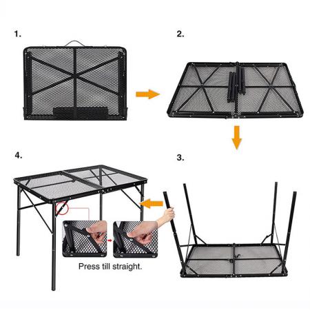 Table pliante portable Grid avec pieds réglables en hauteur, idéale pour le camping et les barbecues en extérieur.