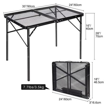 Table pliante portable Grid avec pieds réglables en hauteur, idéale pour le camping et les barbecues en extérieur.