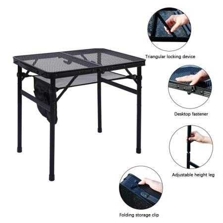 Table de camping pliante extérieure en aluminium avec plateau en maille, table de pique-nique portable pour barbecue (OEM/ODM)