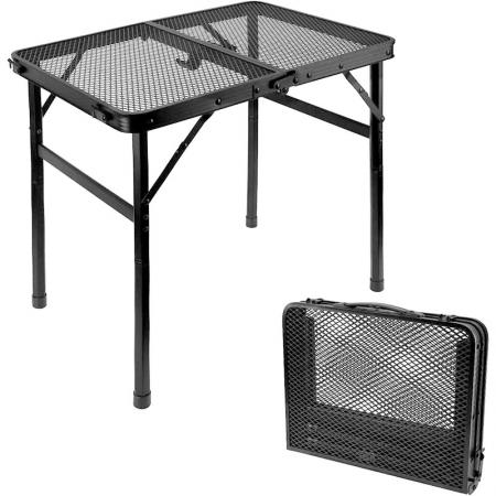 Table pliante portable Grid avec pieds réglables en hauteur, idéale pour le camping et les barbecues en extérieur.