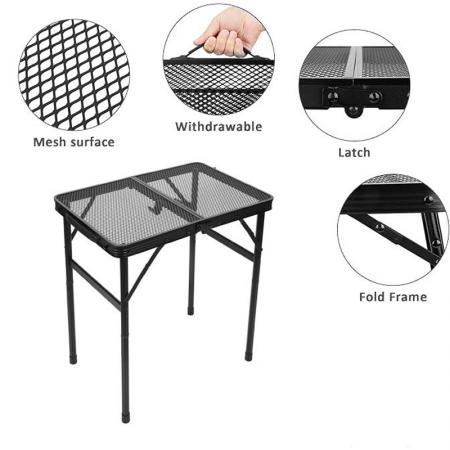 Table pliante portable Grid avec pieds réglables en hauteur, idéale pour le camping et les barbecues en extérieur.