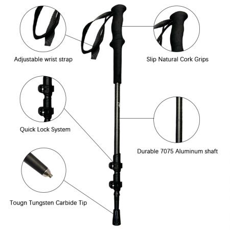 Bâtons de randonnée légers en aluminium, pointes en acier tungstène, conception pliable en 3 sections, poignée droite en EVA, charge maximale 150 kg 