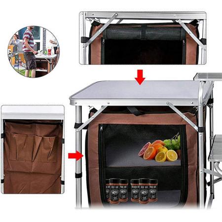 Table de cuisine pliante multifonctionnelle en aluminium pour le camping, avec sac Oxford et placard. 