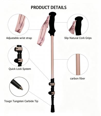 Bâton de trekking télescopique ultraléger en fibre de carbone 3K, 3 sections, sur mesure