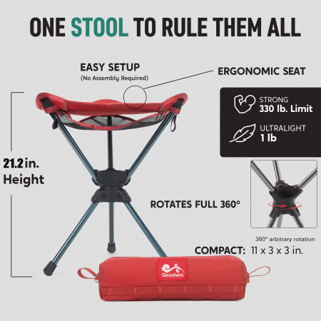 Tabouret de camping portable, compact et léger, pivotant à 360°, en tissu Oxford 600D et aluminium.