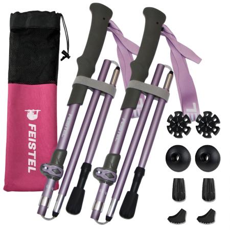 Bâtons de randonnée pliables, légers, réglables et en fibre de carbone, à 3 sections, avec pointe en acier tungstène 