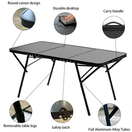 Nouvelle table de camping carrée pour barbecue en plein air de randonnée, en métal et aluminium, pliable, noire, table de plage 