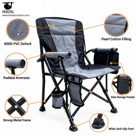 Chaise de camping pliante rembourrée de luxe – Chaise d'extérieur chauffante à haut dossier, PVC Oxford 600D, rembourrage en coton perlé, capacité de 150 kg, chauffage 5V/2A 