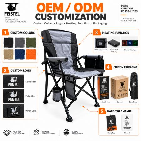 Chaise de camping pliante rembourrée de luxe – Chaise d'extérieur chauffante à haut dossier, PVC Oxford 600D, rembourrage en coton perlé, capacité de 150 kg, chauffage 5V/2A 