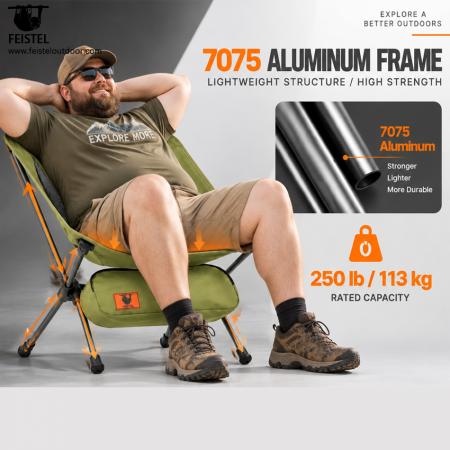 Chaise de camping pliante verte – Chaise légère à profil bas de 2,29 lb, structure en aluminium 7075, Oxford 600D, capacité de 250 lb 