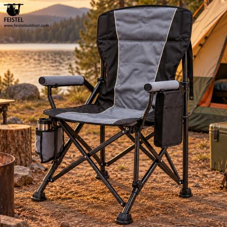 Chaise de camping pliante rembourrée de luxe – Chaise d'extérieur chauffante à haut dossier, PVC Oxford 600D, rembourrage en coton perlé, capacité de 150 kg, chauffage 5V/2A 