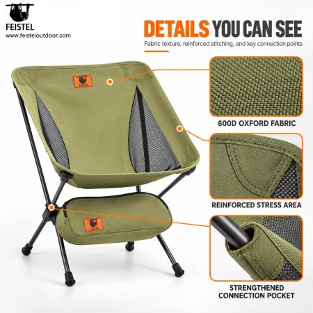 Chaise de camping pliante verte – Chaise légère à profil bas de 2,29 lb, structure en aluminium 7075, Oxford 600D, capacité de 250 lb 
