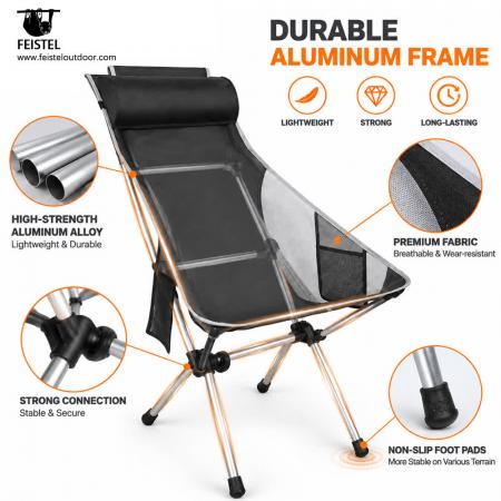 Chaise de camping pliante à haut dossier avec appui-tête – 1,5 kg, capacité de 150 kg et format compact 17 × 6 po 