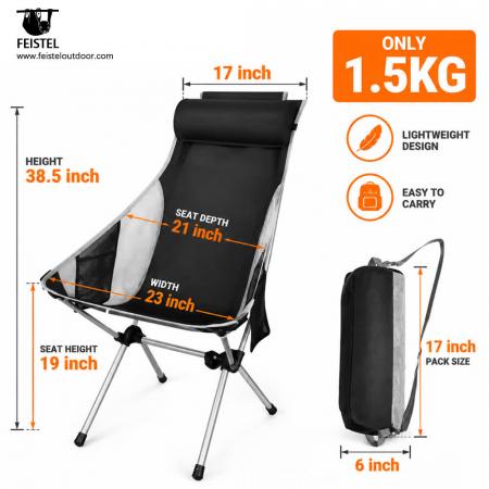 Chaise de camping pliante à haut dossier avec appui-tête – 1,5 kg, capacité de 150 kg et format compact 17 × 6 po 