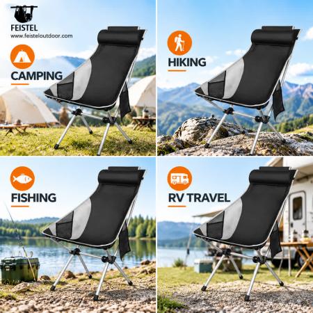 Chaise de camping pliante à haut dossier avec appui-tête – 1,5 kg, capacité de 150 kg et format compact 17 × 6 po 