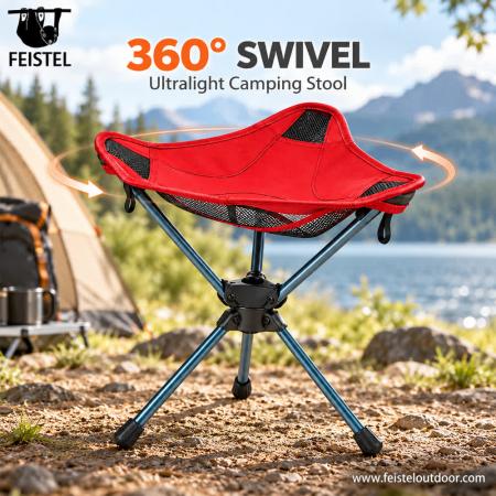 Chaise de camping rouge – Tabouret de camping pliant pivotant à 360° léger, assise de style Oxford 600D 