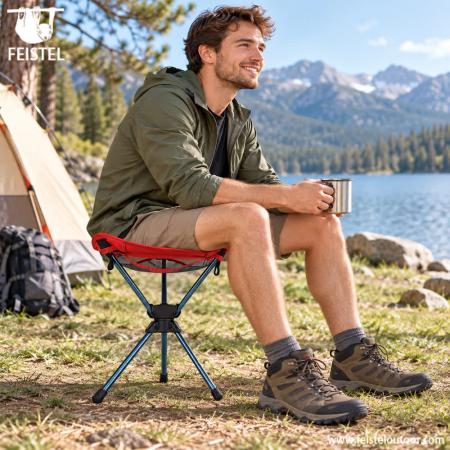 Chaise de camping rouge – Tabouret de camping pliant pivotant à 360° léger, assise de style Oxford 600D 