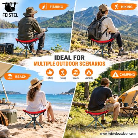 Chaise de camping rouge – Tabouret de camping pliant pivotant à 360° léger, assise de style Oxford 600D 