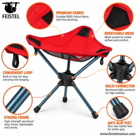 Chaise de camping rouge – Tabouret de camping pliant pivotant à 360° léger, assise de style Oxford 600D 