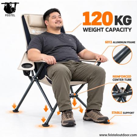 Chaise de détente de camping à dossier haut – Chaise pliante en aluminium 6013 de 1,93 kg avec oreiller, accoudoirs et porte-gobelet 