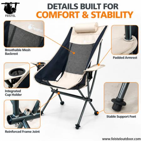 Chaise de détente de camping à dossier haut – Chaise pliante en aluminium 6013 de 1,93 kg avec oreiller, accoudoirs et porte-gobelet 