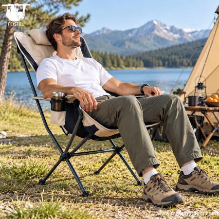 Chaise de détente de camping à dossier haut – Chaise pliante en aluminium 6013 de 1,93 kg avec oreiller, accoudoirs et porte-gobelet 