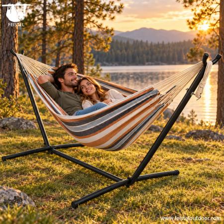 Hamac portable avec support – Hamac de camping double de 450 lb avec support en acier peu encombrant 