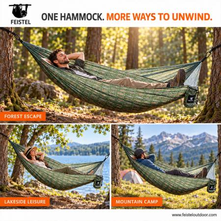 Hamac d'extérieur en nylon parachute, anti-moustiques, pour le camping et la randonnée, capacité 150 kg 
