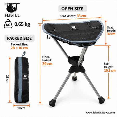 Tabouret de camping léger – Mini tabouret de camping trépied pliable de 0,65 kg avec structure en aluminium 7075, siège en tissu Oxford et housse de transport 