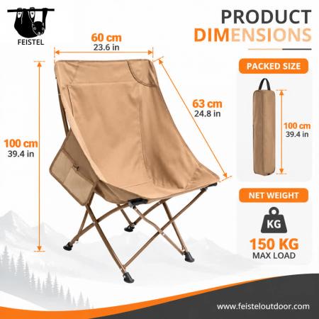 Chaise de camping sans accoudoirs – Chaise de camping pliante à dossier haut sans accoudoirs, cadre en aluminium 7075, résille en polyester 600D et capacité de 150 kg 