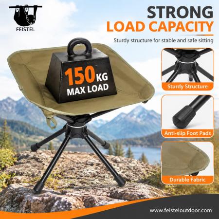 Tabouret de camping pliant ultra-résistant – Tabouret d'extérieur pivotant et pliable d'une capacité de 150 kg avec cadre en aluminium 7075 et assise en résille polyester 600D 
